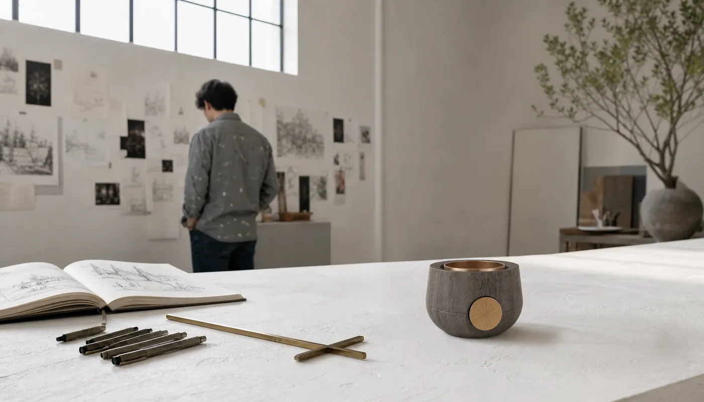 De nieuwe minagi focustimer met stenen voet en messing klankschaal op een tafel in een ontwerpstudio